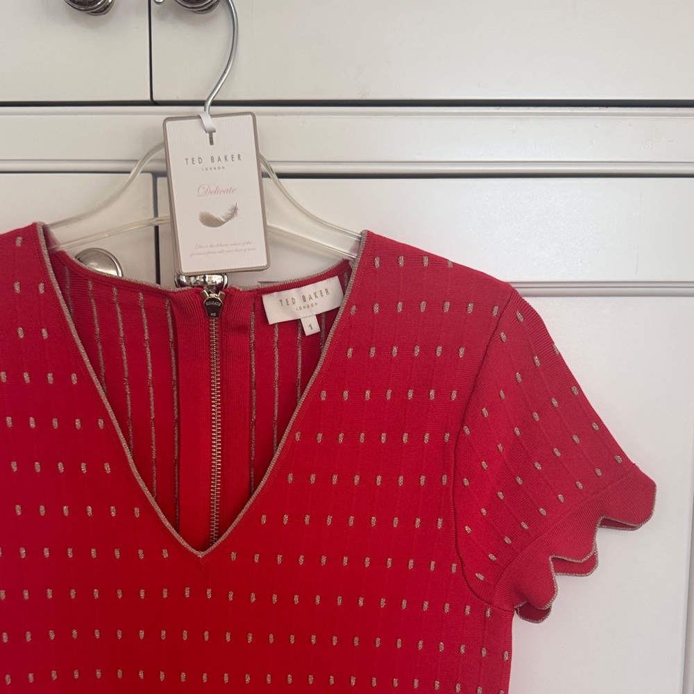 Ted Baker Hot Pink Knit V-Neck Top with Metallic Dot Detail